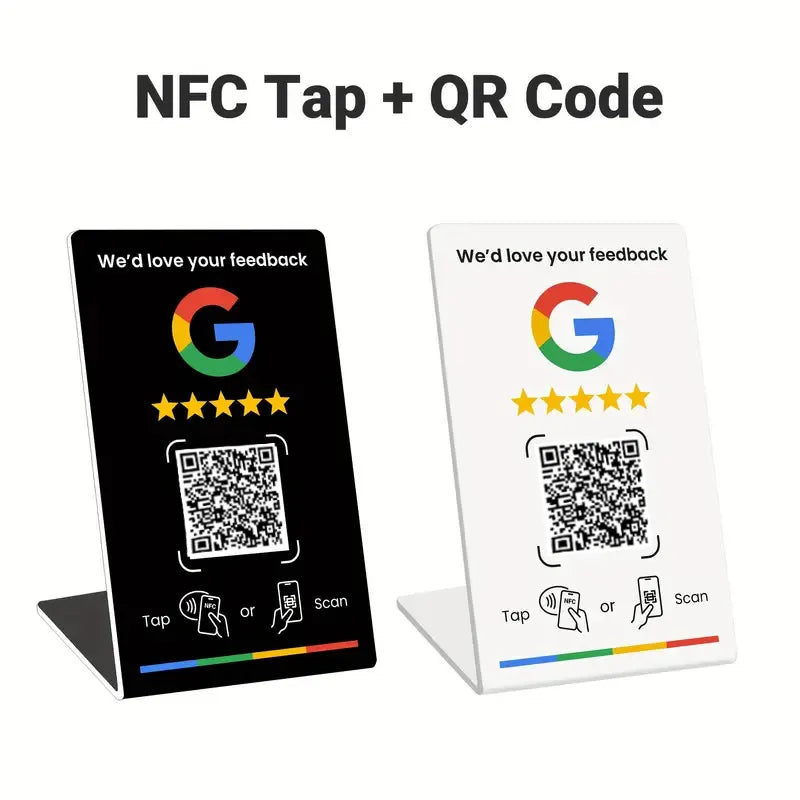 Two stands, each showing a tap area and a QR code