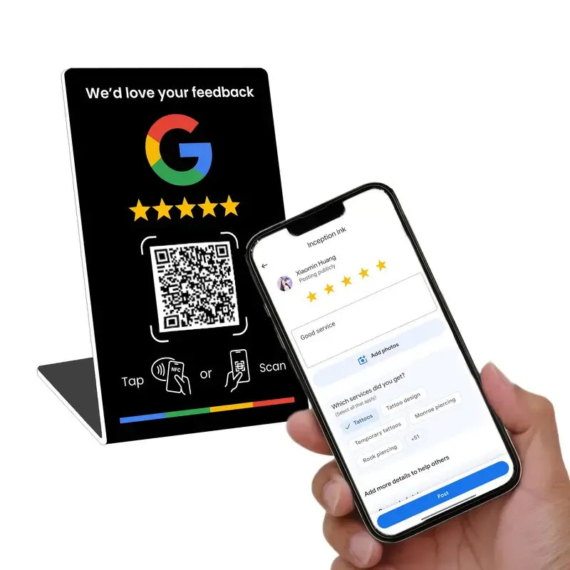 A phone next to the stand, showing a review form