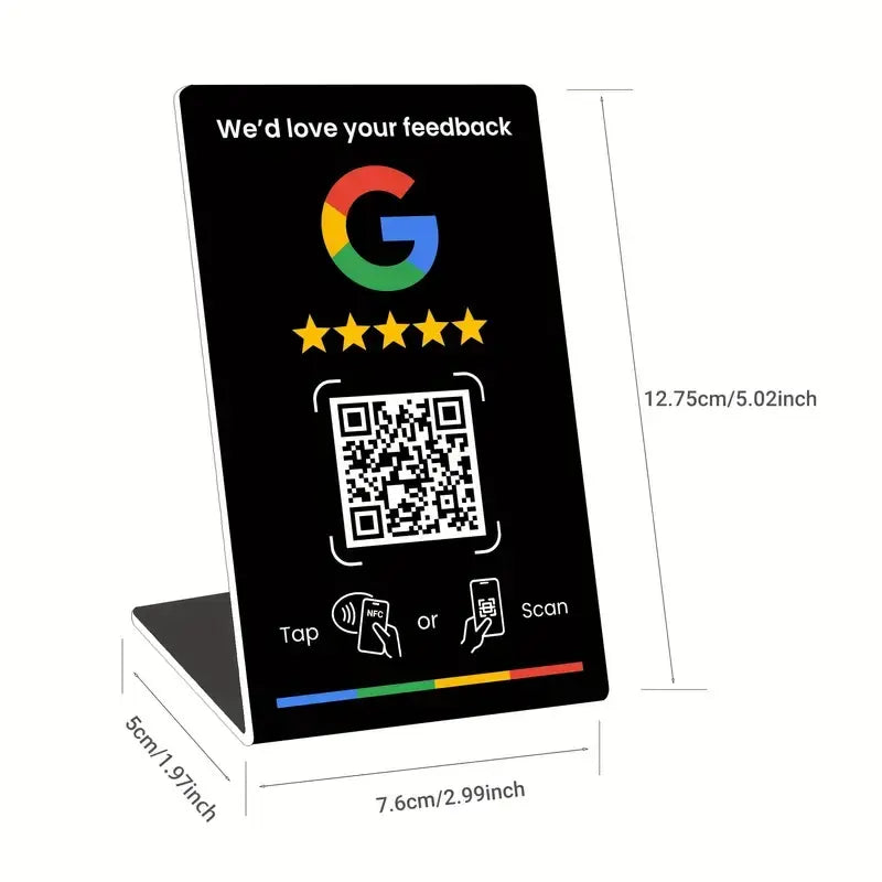 Black stand, Google stars design, with dimensions: 7.6 cm wide, 12.75 cm tall, 5 cm base