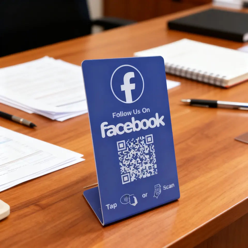 Blue TapReview stand with a Facebook design and QR code