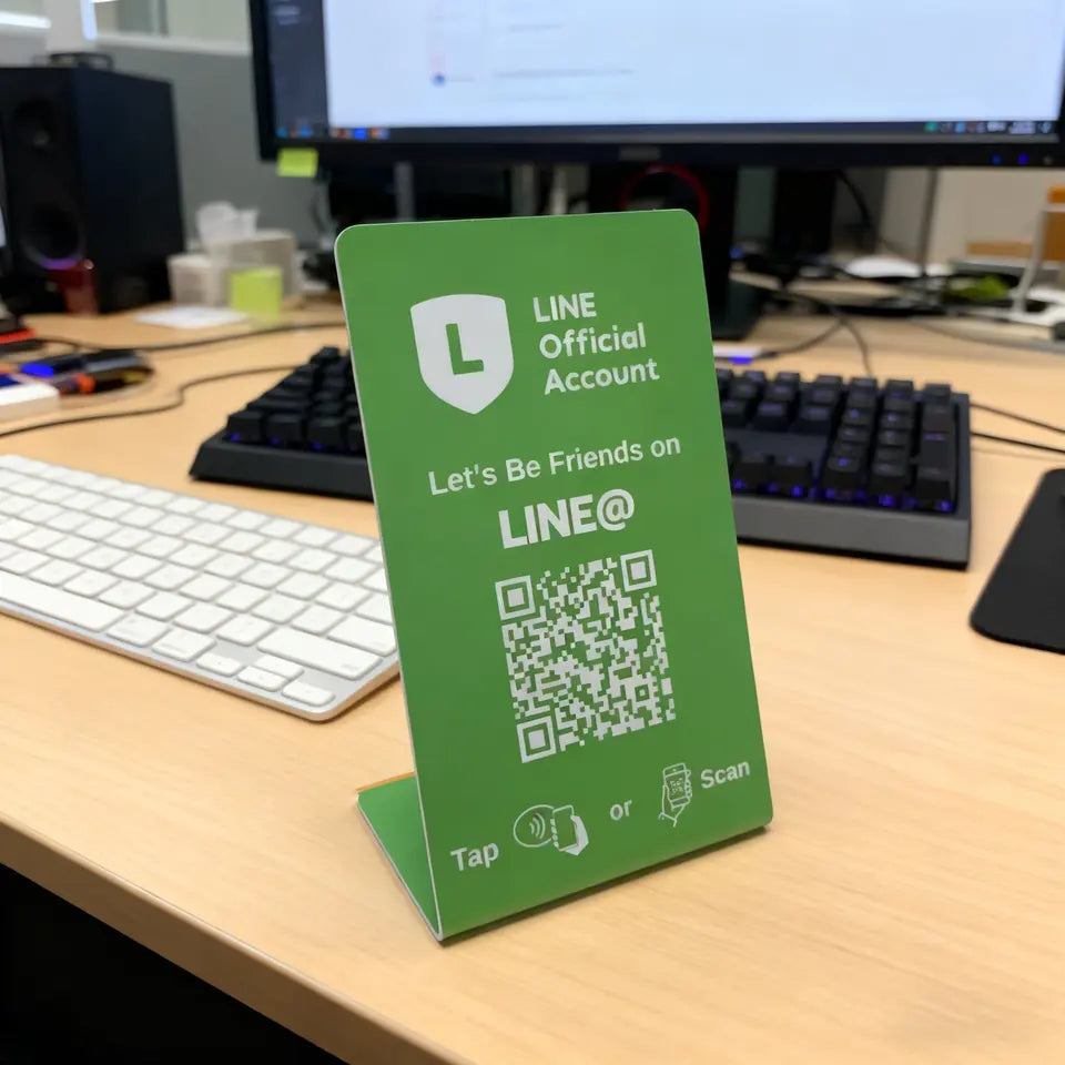 Green TapReview stand with a LINE design and QR code