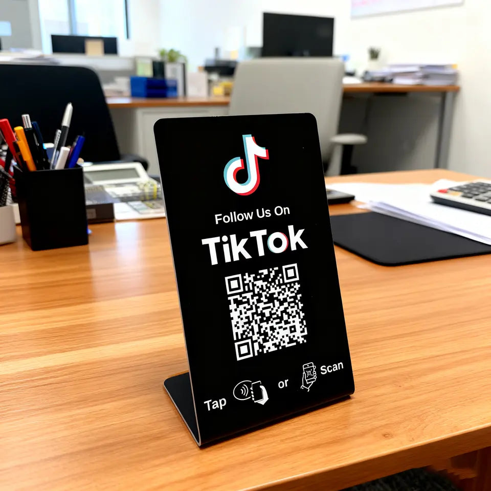 TapReview stand with a TikTok design and QR code