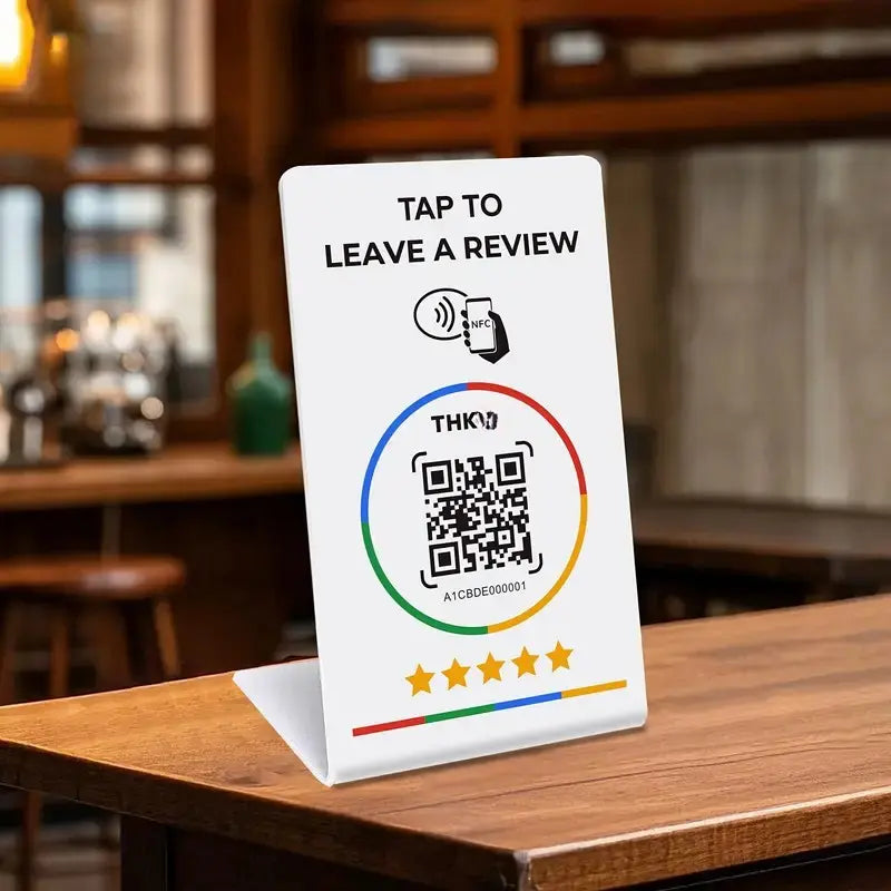White stand, Tap to review design: printed QR code inside a ring, five stars